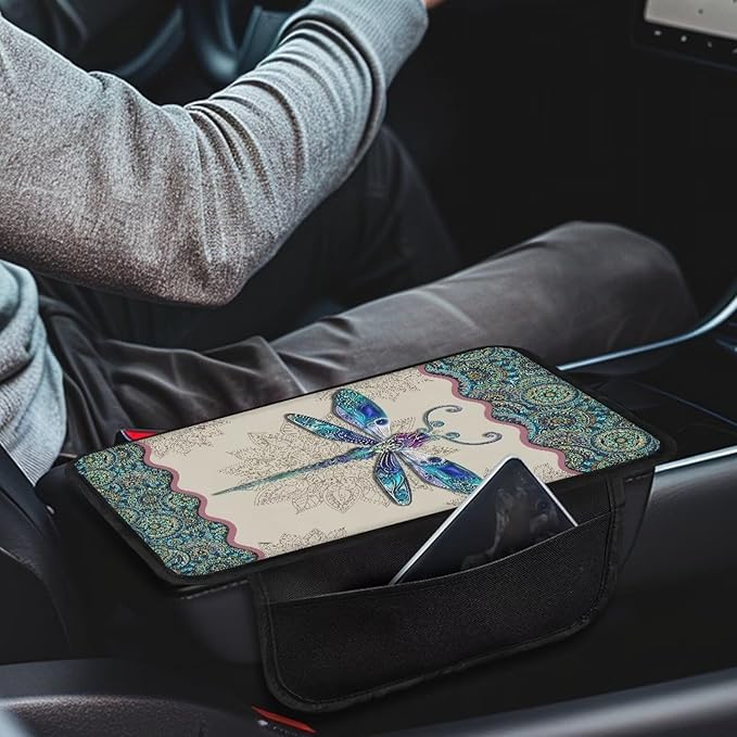 Boho Mandala Floral Dragonfly Pattern Center Console Covers for Cars Anti-Slip Car Armrest Cover Cushion Stretchy Auto Armrest Storage Box Mat Auto Center Console Cover Pad