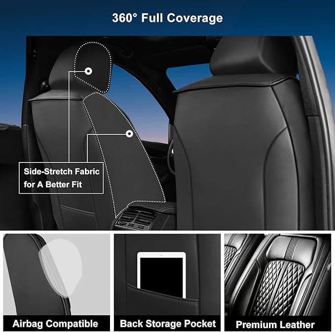 Fit Ridgeline Car Seat Covers for Honda Ridgeline 2007-2025 2026 - Premium Full Coverage Leather, Airbag Compatible, Waterproof & All Weather Seat Cushion Protector, Full Set, Black