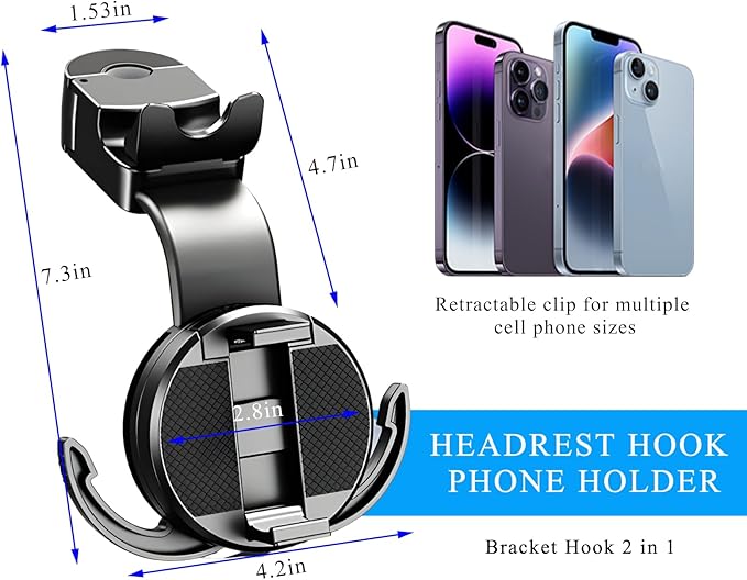 Car Seat Headrest Hook, 2 in 1 Auto Back Seat Hanger with Magnetic Phone Holder, Multifunctional Vehicel Backseat Orgnaizer Storage Hooks for Purse Grocery Bag Umbralle (Clamp)