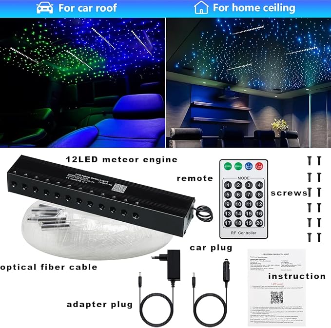 AMKI 96pcs*0.04in*13.1ft Pure White Meteor Shooting Stars Effect Fiber Optic Lights Kit,12 Holes LED MeteorLight Engine with Bluetooth+RF Remote Control 20 Meteor Modes