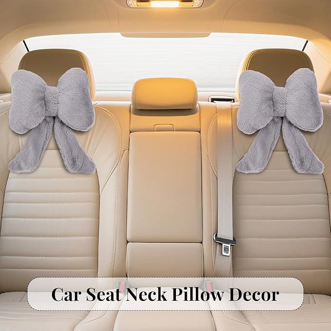 Bow Car Headrest Pillows Plush Car Neck Pillows for Travel Driving Office Chair Head Support Cushions, Also Cute Car Decor Accessories (2PCS Grey)