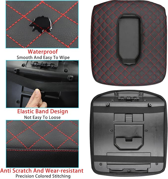 Center Console Armrest Cover for Chevy Silverado/GMC Sierra Accessories 2019-2024 2025 Arm Rest Box Leather Protective Case Middle Console Lid Cushion Pad Only for Jump Seat (Red Stitches)