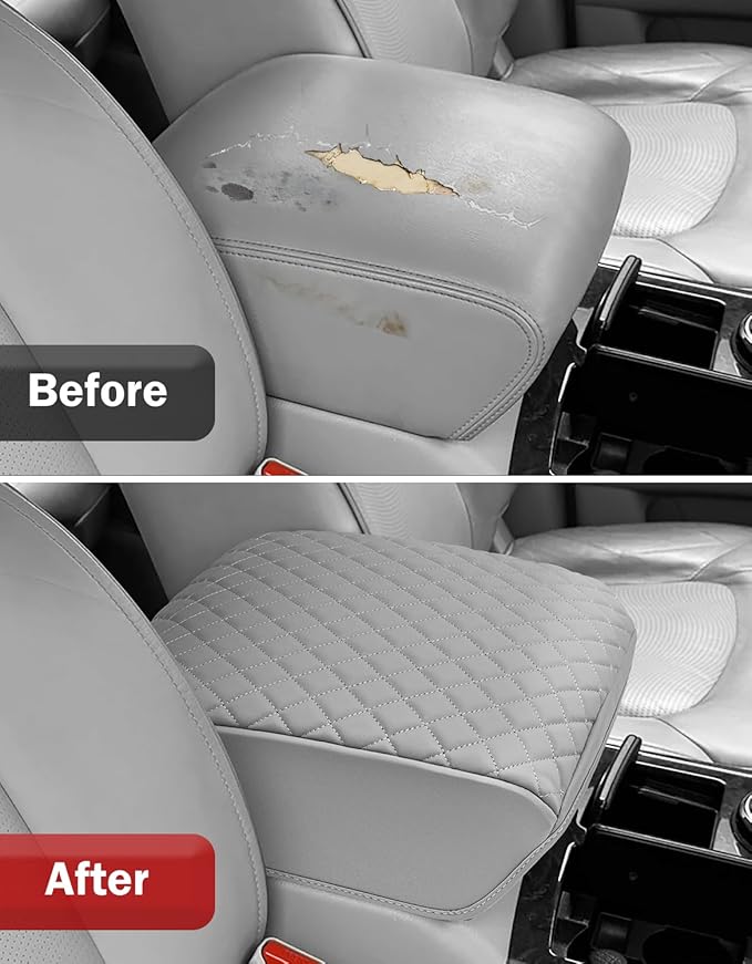 KBH Center Console Armrest Cover for Infiniti QX56 & QX80 2011-2017, Middle Console Lid Cushion Pad, Arm Rest Protective Covering, Vinyl Leather Interior Accessories, Light Gray