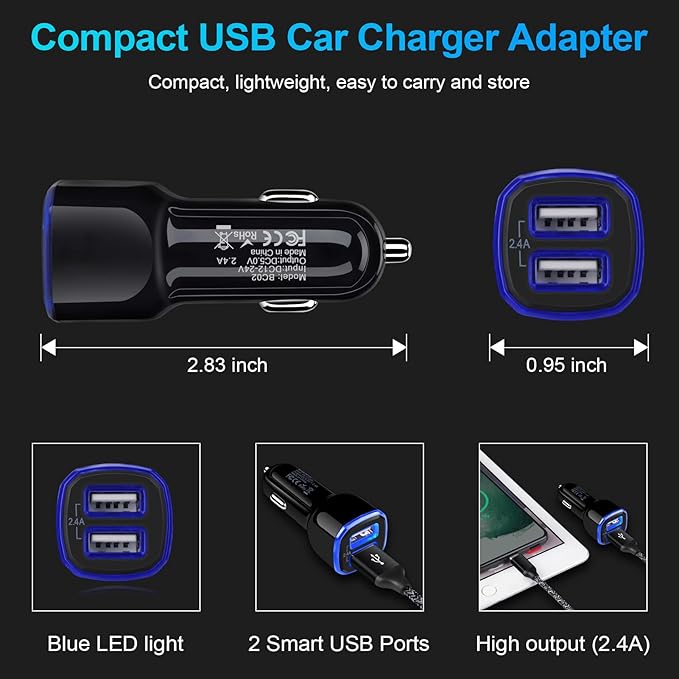 Car Charger, 2.4A 12W AndHot 2 Pack Mini Dual Port USB Car Charger Adapter Plug for iPhone 15 14 13 12 SE 11 Pro Max XR XS X 8 7 6S Plus, iPad, Samsung Galaxy S23 S22 S21 S20 S10 Note 20, LG, Android