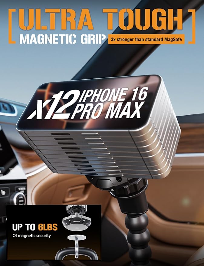 ToughTested MagTough Python Magnetic Cup Holder Phone Mount for Car - Heavy Duty MagSafe Car Mount with Flexible Python Arm - Universal SUV & Truck Accessories - 360 Rotation, Stable Expandable Base
