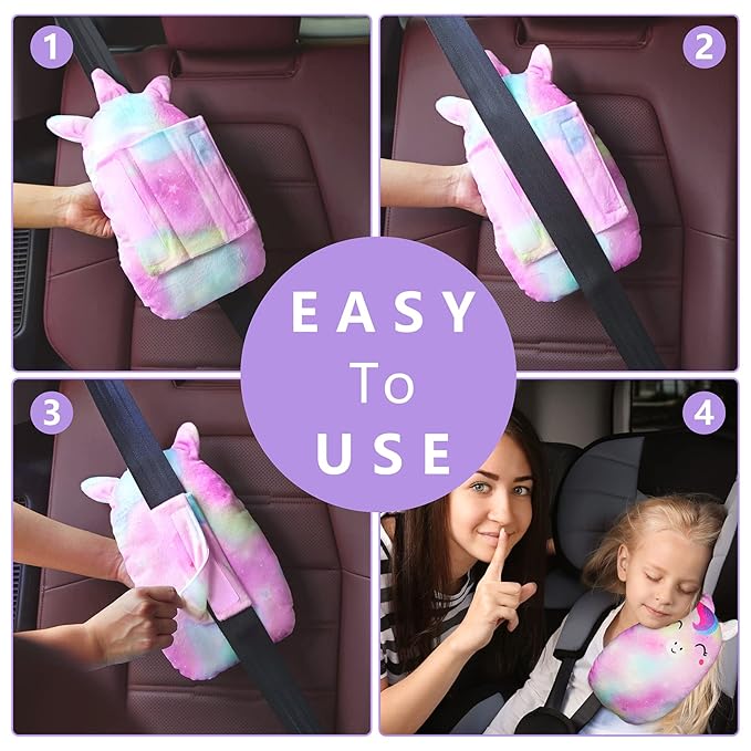 FIODAY Car Seat Belt Covers for Kids Unicorn Seat Belt Pillow Soft Seat Belt Cushion Adjust Seat Strap Pillow Head Neck Support for Children Boys Girls Travel