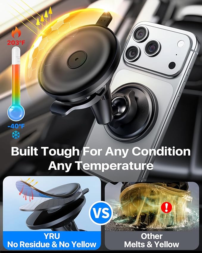 YRU [True Upgraded Military-Grade Phone Holder for Magsafe Car Mount 360° Rotating Vacuum Suction Dashboard, 2800gf Strongest Magnetic Windshield Phone Mount for iPhone 17 Pro Max 16 15 14,Black