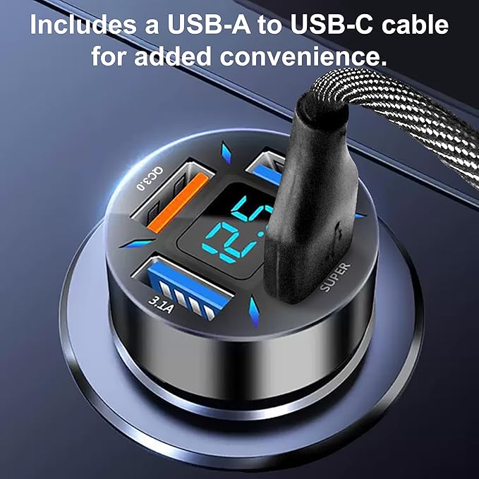 31W 4-Port Cigarette Lighter Car Charger with Fast Charging with 3FT USB-ATO USB-C Cable, 4in1 Cigarette Lighter Car Charger Compatible with iPhone 17/16/15, iPad Pro, Galaxy S24/23 and More