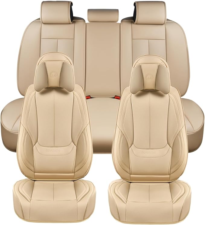 Coverado Universal Seat Covers Full Set, 5 Seats Universal Seat Covers for Cars, Waterproof NAPPA Leather Car Seat Covers with Head Pillow, Seat Protectors Fit for Most Sedans SUV Pick-up Truck, Beige