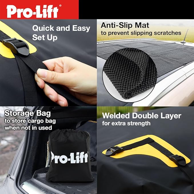 Pro-Lift Rooftop Cargo Carrier Waterproof – 15 Cubic Feet Softshell Roof Luggage Bag for All Cars with/Without Rack, Includes Anti-Slip Mat, Reinforced Straps, Door Hooks, Storage Bag