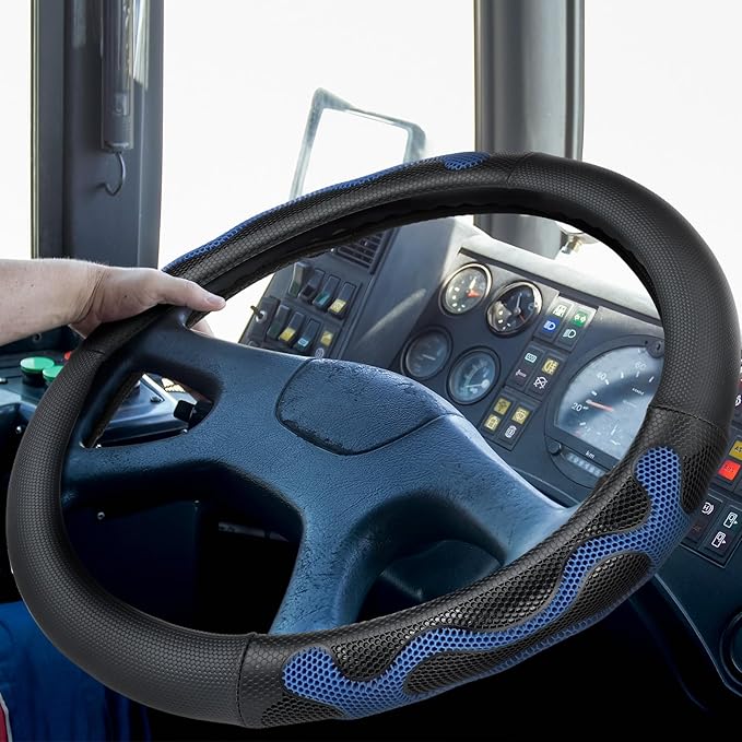 15 Inch Truck Steering Wheel Cover Leather Wheel Semi-Truck Comfy Grip Cover Anti Slip Car Accessory, Fits Rv, Big Rig and Classic Car (Blue, Classic Style)