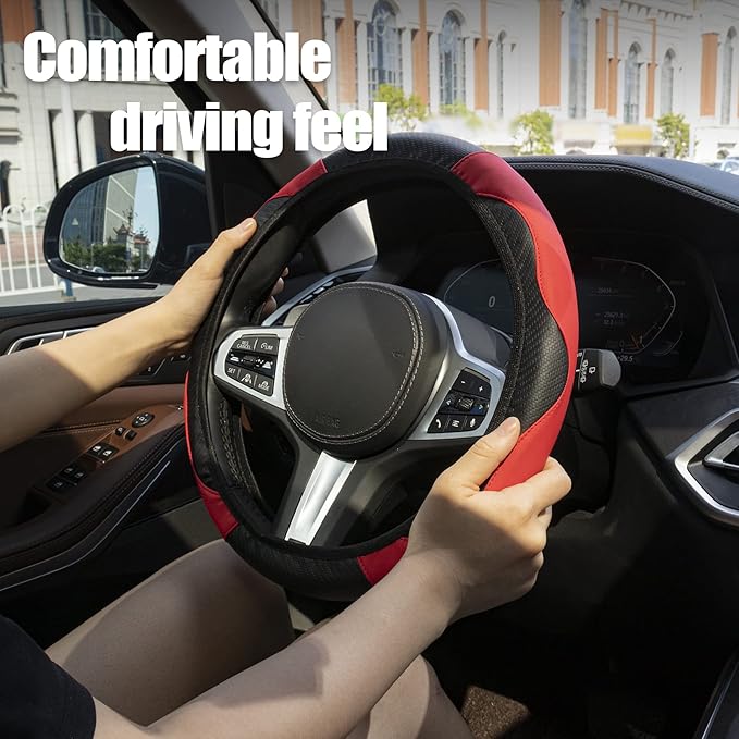 Amiss Car Steering Wheel Cover, 14.5"-15" Comfortable Anti-Slip Safety Protection Design, Microfiber PU Leather Steering Wheel Cover, Universal Fit for 95% Cars, Car Interior Accessories (Red)