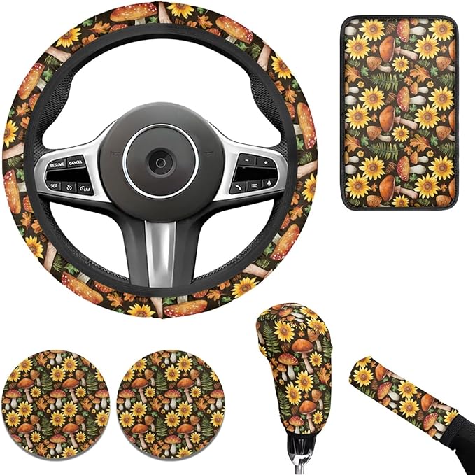 Mushroom 6pcs Car Steering Wheel Cover Set for Men Women Sunflower Car Interior Accessories Cup Coaster Handbrake Cover Universal Fit Auto,Suvs,Truck