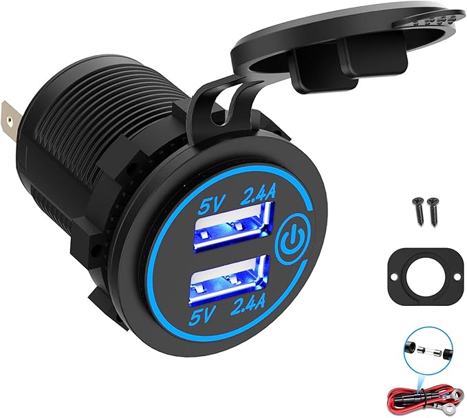 Dual USB Socket 12V Marine Outlet with Switch Golf Cart USB Port 12 Volt DC Car Charger Mount Waterproof Cigarette Lighter Power Adapter DIY Kit Fast Charge with Blue LED for Boat Motorcycle ATV RV