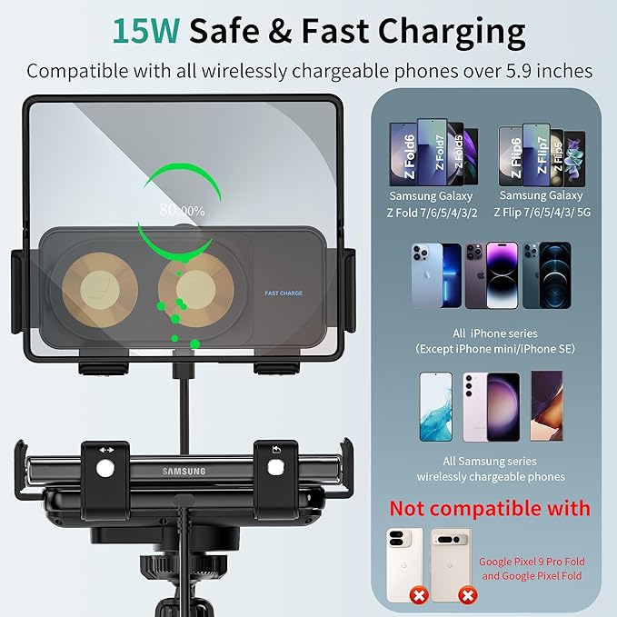 Wireless Car Charger Mount, 15W Dual Coil One-Touch Rotatable Car Phone Holder Wireless Charger for Samsung Galaxy Z Fold 7/6/5/4/3/2, Z Flip, S25/S24/S23/S22, iPhone, Car Charger Included