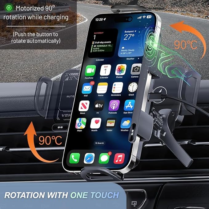 Smart 2-in-1 Auto-Rotating Phone Holder and Wireless Car Charger, Foldable Car Phone Mount for iPhone and Samsung, Cell Phone Automobile Charger with Car Vent Mount