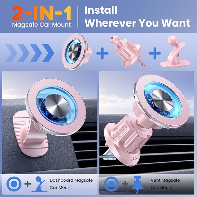 for MagSafe Car Mount Magnetic Phone Holder for Car [2026 Upgraded 22X Magnets & Double-Hooks] Phone Holders for Your Car Stand for Dashboard Vent GPS for iPhone 17/16/15/14/13 Android-Pink