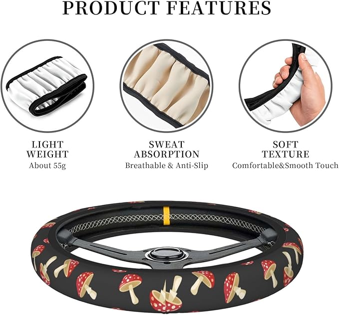 Cute Mushroom Steering Wheel Cover Women Men Elastic Stretch Soft Car Wheel Protector Universal Breathable No-Slip Car Accessories for Truck Van SUV Auto Fit 14-15 Inches