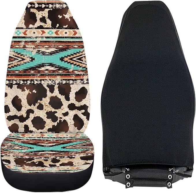 Car Seat Covers Front Seats Only for Women Men Auto Seat Covers Set of 2 Pack Bucket Cover for Cars SUV Truck Sedan, Easy to Install（Aztec Ethnic Cow Leopard Print 83）
