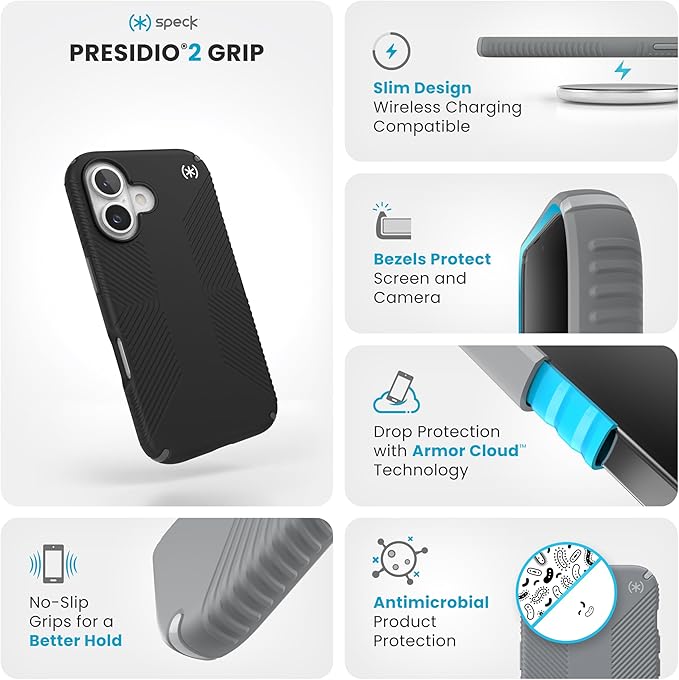 Speck Black iPhone 16 Case - Slim Phone Case iPhone 16 - iPhone 16 Phone Case - Presidio 2 Grip - Black/Slate
