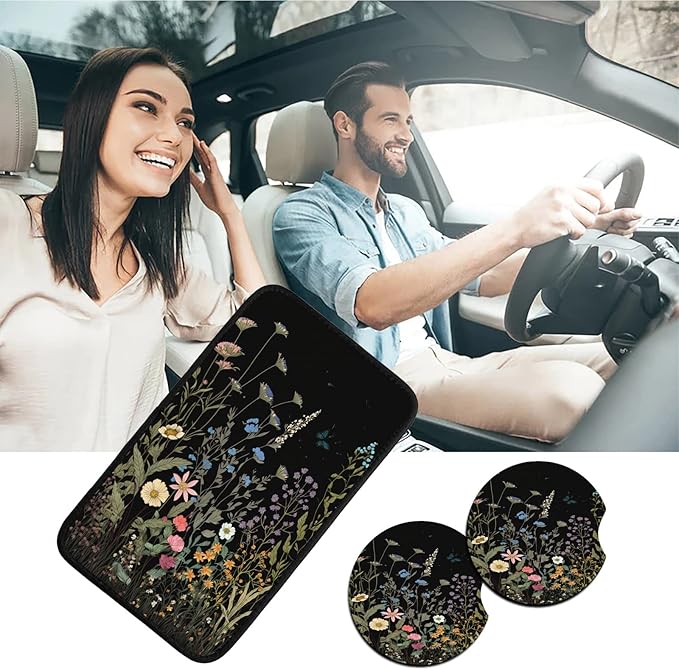 Car Armrest Cover Pads Universal Fashion Cute Auto Center Console Armrest Cover Pad with 2PCS Car Coasters Soft Waterproof Car Armrest Seat Protector for Women Girls, Wildflowers