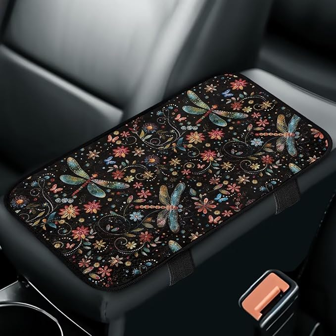 Flower Dragonfly Car Armrest Cushion Scratch Resistant Car Center Console Cushion Pad Full Coverage Armrest Cover Center Console Cushion Fit for Cars Truck SUV or Vans