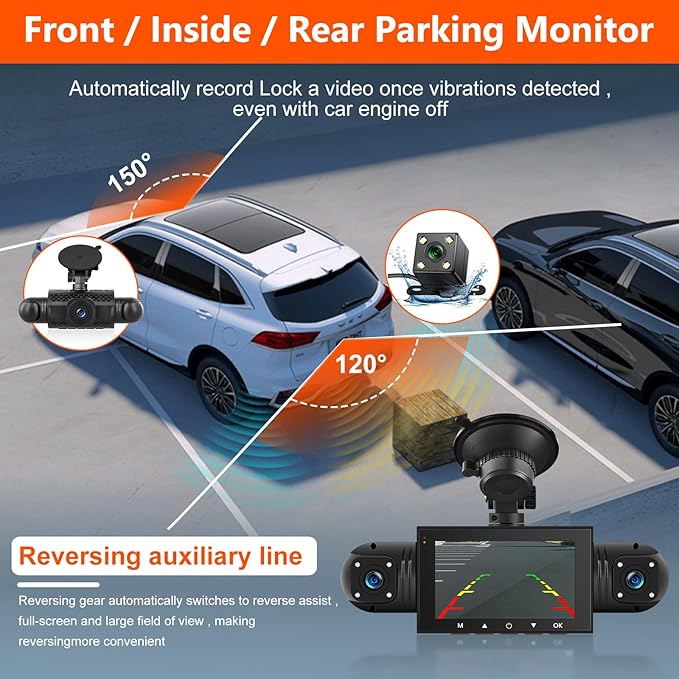 Podofo 360° Dash Cam Front and Rear Inside,4 Channel 3" IPS Touchscreen Dash Cam Front and Rear Inside Left Right,4*1080P Dash Camera with 8 IR Night Vision,Loop Recording,G-Sensor,24 Hours Recording