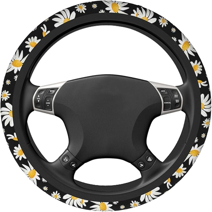 Cute Daisy Flowers Universal 15 Inch Steering Wheel Covers Non Slip Neoprene Car Wrap Cover for Adults