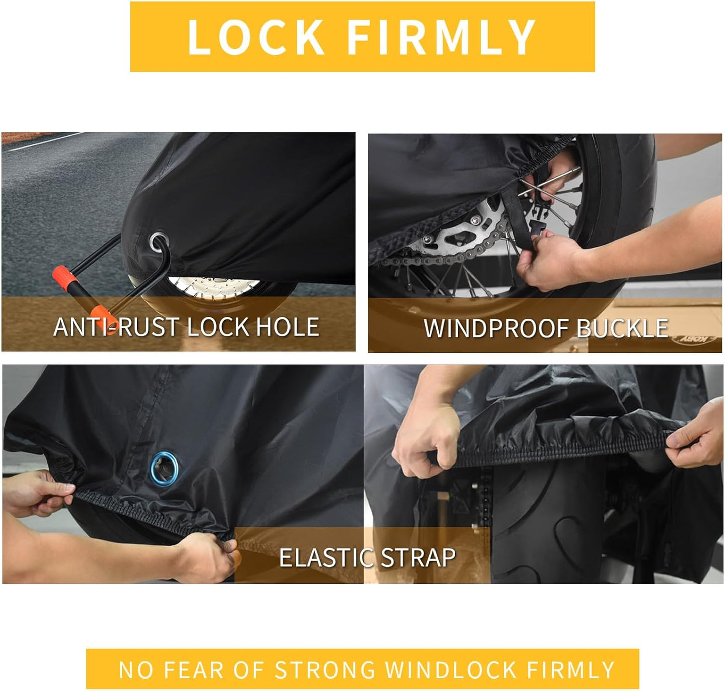 210D Motorcycle Cover All Season Waterproof Breathable Sun Outdoor Protection Three Reflective Tape with Lock-Holes & Storage Bag Bike Scooter Cover Universal (Black, 104''*41''*50'')