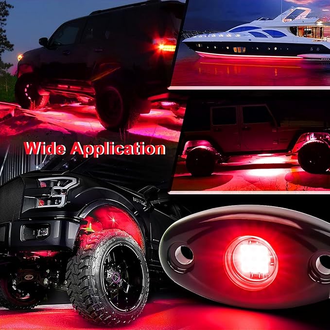 Red Rock Light 12pods 6000k Pure Red Led Rocks Lights Kit Ip68 Waterproof 47inch Extension Wires for ATV Rv Utv SUV Offroad Pickup Trucks Golf Boat Cars Trailers Fender Underglow Lighting (Red)