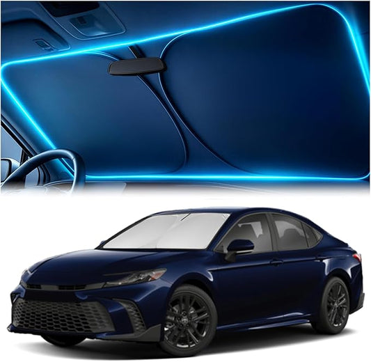 Windshield Sun Shade for Toyota Camry 2025-2026 LE/XLE/SE/XSE/Hybrid – Custom Fit Sun Shield with Mirror Cut‑Out, Blocks Heat & UV, Foldable with Storage Pouch - Toyota Camry Windshield Sunshade