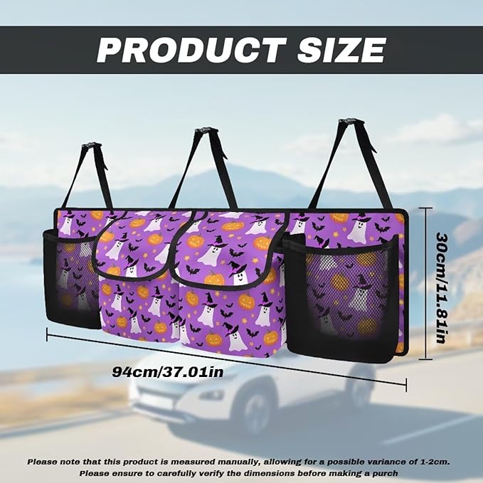 Purple Halloween Print Car Trunk Organizer Hanging Auto Back Seat Storage with 4 Pockets Car Interior Accessories for SUV MPV Hatchback Crossover Minivan Truck