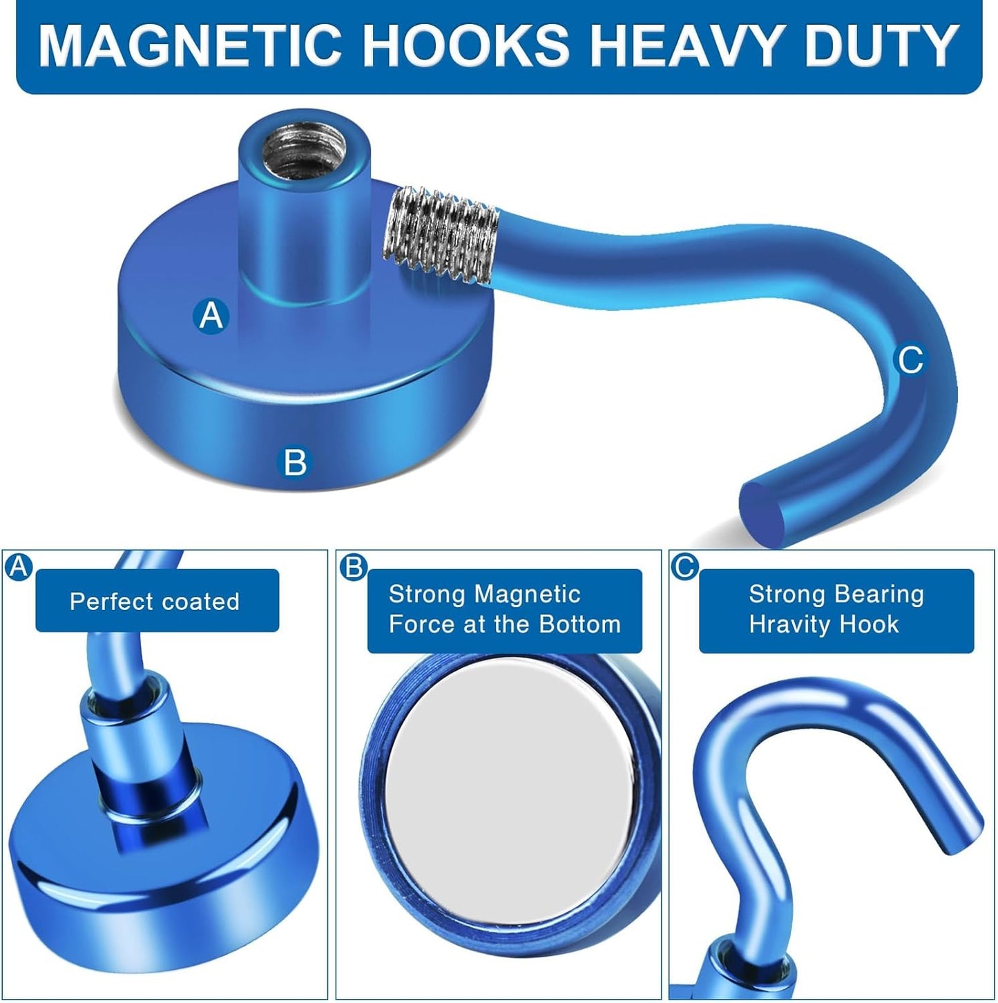 LOVIMAG Magnetic Hooks for Cruise Cabins, 110lbs Blue Magnetic Hooks for Classroom, Strong Magnets with Hooks for Hanging, Neodymium Magnet Hooks for Fridge, Ceiling, Locker, Camper, Travel-25 Pcs