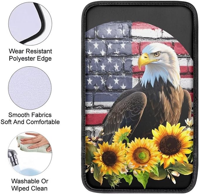 JoyLamoria Bold Eagle American Flag Auto Center Console Cover Car Armrest Cover Universal Fit Comfort Armrest Cushion Seat Handrail Box for Car