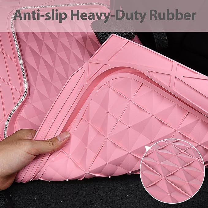 CAR PASS Bling Diamond Rubber Car Mats, Heavy Duty Deep Dish All-Weather Floor Mat Full Set Anti-Slip 3D Rhombus Waterproof Trim Fit Liner Universal Glitter Sparkly Shining Rhinestone, Pink Rubber