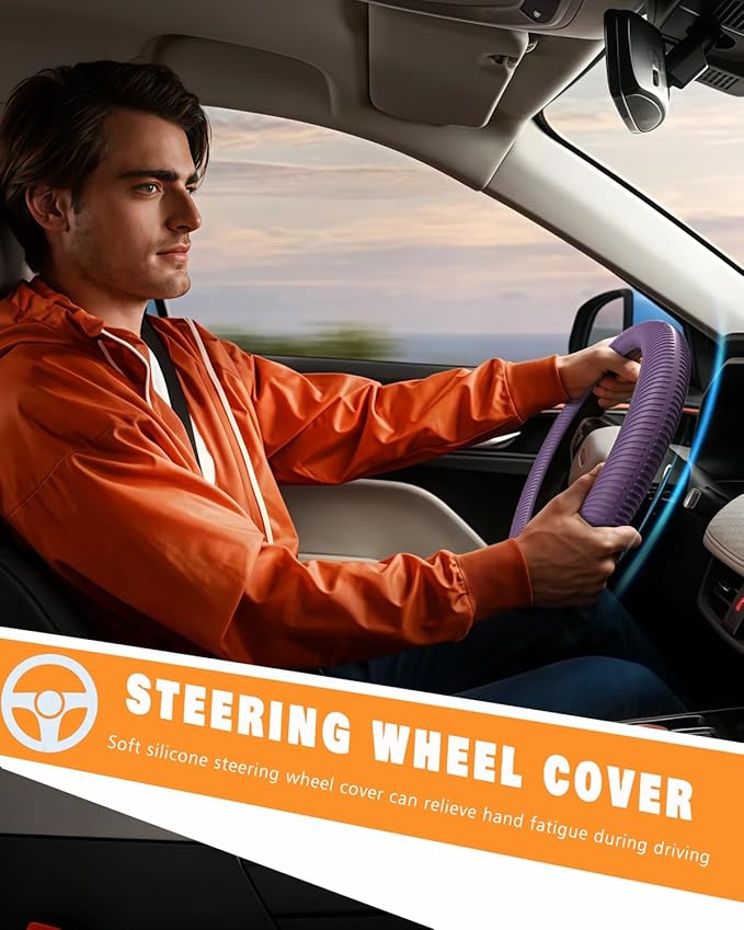 WOCOCN Car Steering Wheel Cover, Thin Anti-Skid Silicone Steering Wheel Cover for Men & Women, Universal Automotive Interior Accessories for Most Cars (Purple)