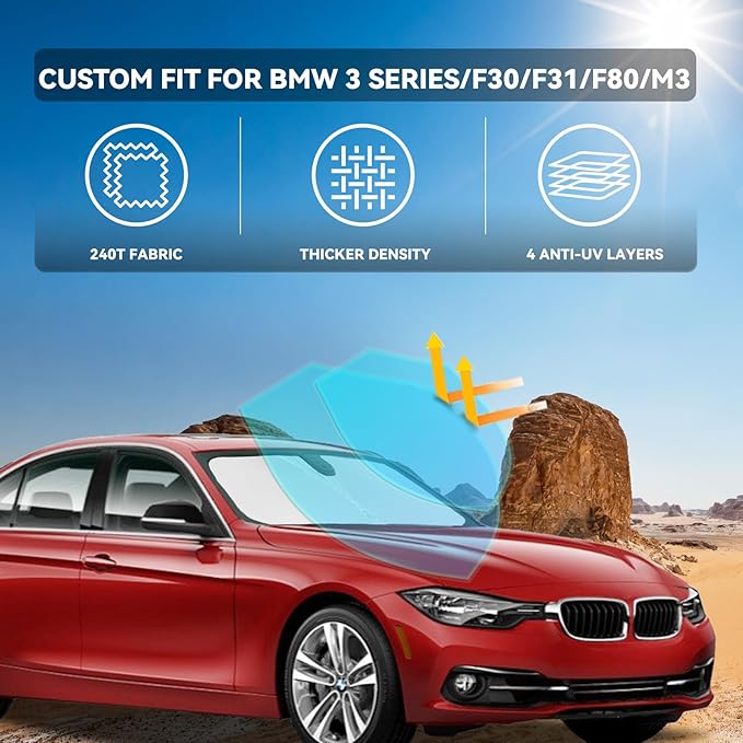 for BMW 3 Series320i 328d 330i 340i 330e 2013-2018 Windshield Sun Shade -4 Layers Sunshades for Front Windows Cover Custom Fit 3 Series F30/F31/F80/M3 Sun Visor Shade Blocks UV Rays Car Accessories