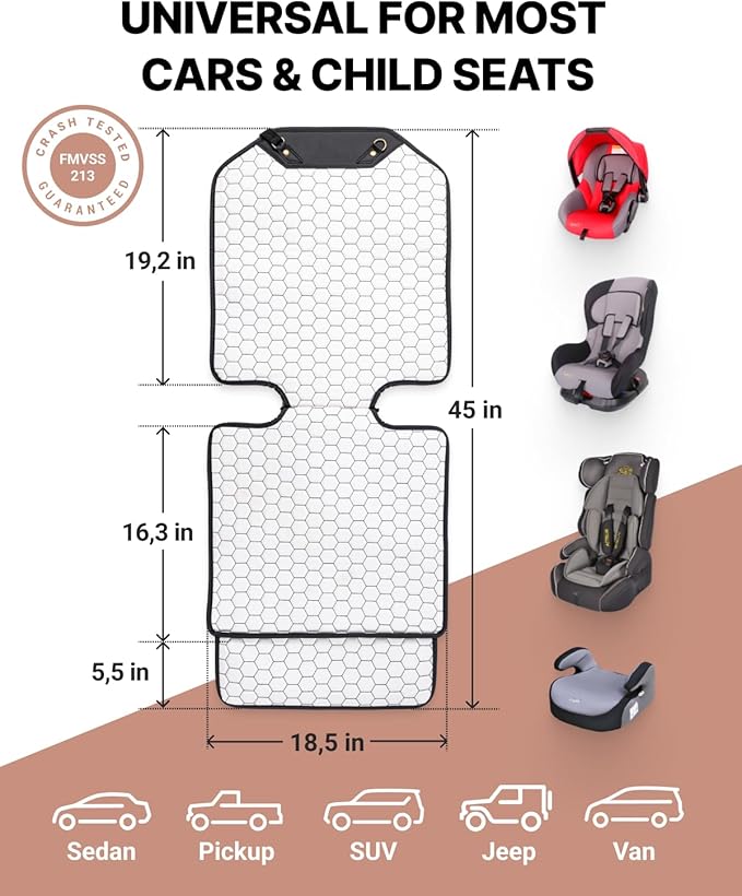 Owleys Set Seat Back Organizer & Car Seat Protector Hexy Waterproof & Non-Slip Protector for Child Car Cushion for Leather and Fabric Seats (White 2 pcs)