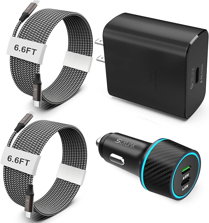 S24 S25 Ultra Charger Type C, SCRUAK 45W PPS Super Fast USB-C Wall/Car Charger for Samsung Galaxy S25 Ultra/S25+/S25/S24 Ultra/S24+/S23/S22/S20/Note 20/Note 10+(with 2X 6.6FT 5A Type C Cable)