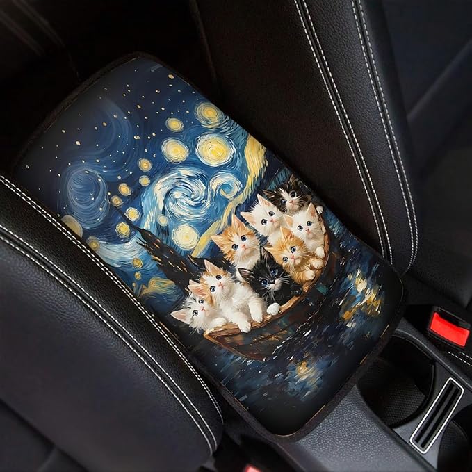Auto Center Console Pad Oil Painting Starry Sky Cats Car Armrest Cushion Covers, Protect from Pet Claws, Dirt, and Sticky Fingers