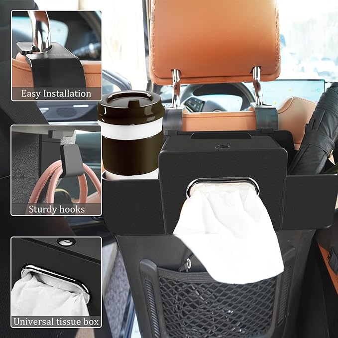 Car Back Seat Organizer with Multi-Pocket Design Leather Organizer with Cup Holders, Tissue Box, and Storage Hooks for Car Interiors - Universal Compatibility-black