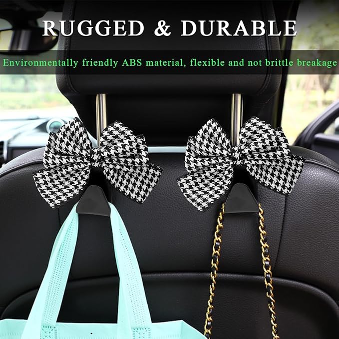 2 PCS Car Seat Headrest Hooks, Cute Bow Shaped Vehicle Backseat Storage Hooks, Leather Bow Shaped Sturdy Car Seat Back Hooks for Purses/Coats/Umbrellas, Car Accessories (Houndstooth)
