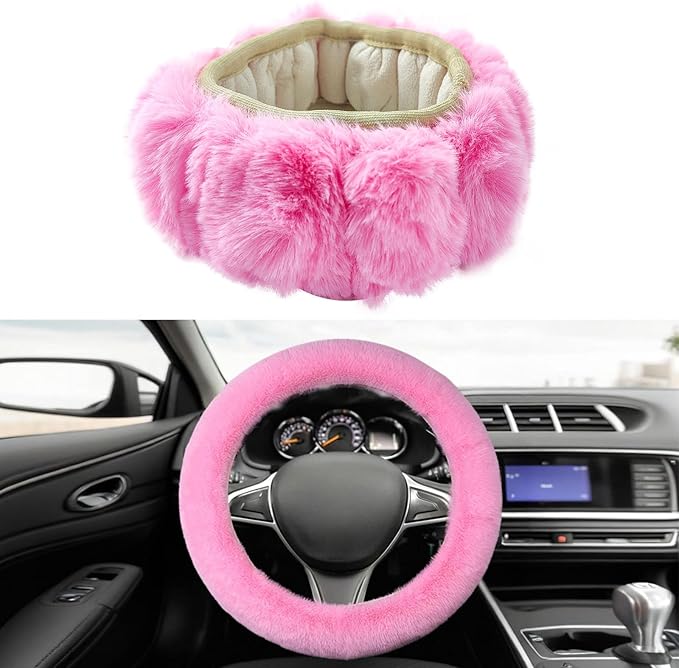 Fluffy Steering Wheel Cover, Winter Warm, Suitable for Most Car Steering Wheels in The 14-15 Inch Range (Pink, 1PCS)
