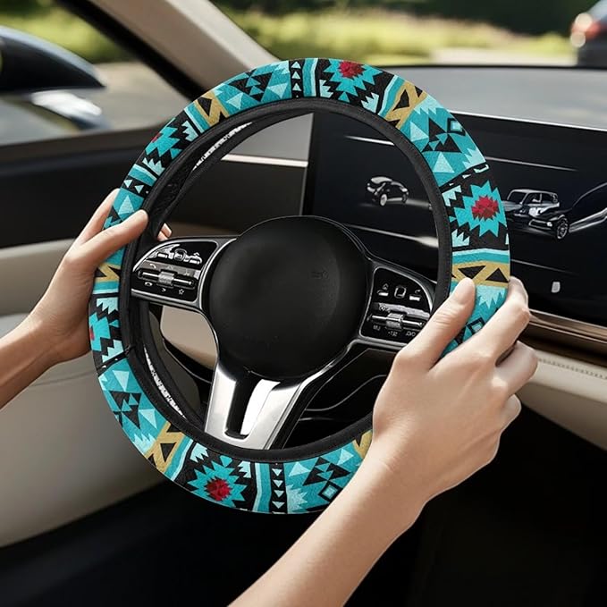 SEANATIVE Universal Steering Wheel Cover, Easy to Disassemble, Non-Slip Soft Steering Wheel Cover, Blue Aztec Print Auto Decor Accessiores