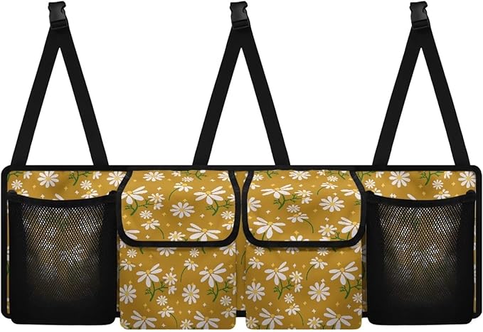Yellow Daisy Prints Car Trunk Organizer Bag Car Back Seat Storage Bag with 4 Pockets Automotive Interior Accessories for SUV MPV Sedans Pickup Jeep Trucks