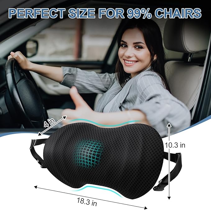 Lumbar Support Pillow for Car, Ergonomic Back Cushion with Strap, Memory Foam Lower Back Support Cushion for Driving, Lumbar Pillow for Pain Relief, for Office Chair, Long Sitting (Black 4D Mesh)