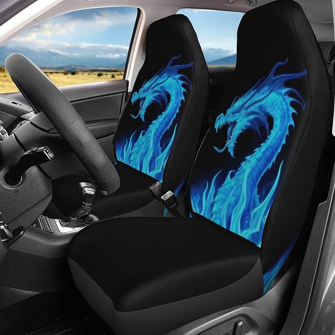 Delerain Car Seat Covers Set 2Pcs, Fire Blue Dragon Universal Front Car Seats Vehicle Enterior Protector Suitable Fits Most Car Auto SUV Sedan Truck