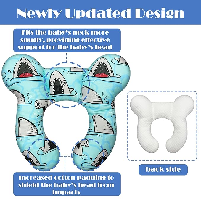 Baby Head Support Pillow for Newborn Toddler, Baby Neck Pillow Upgraded Comfortable Sleep Cushion for Car Plane Stroller Pushchair - Shark B