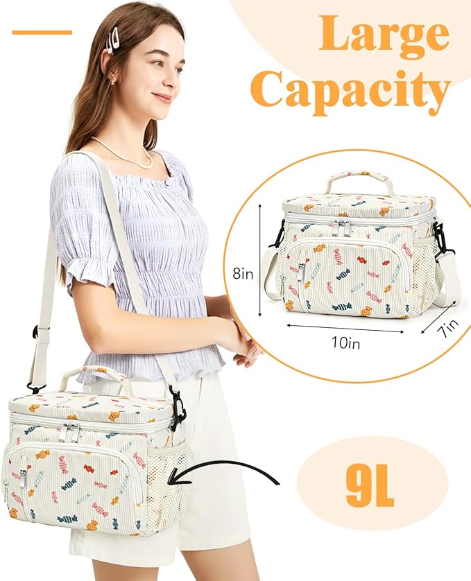 Insulated Lunch Bag for Men & Women, 9L Leakproof Lunch Box Soft Cooler Tote with 5 Pockets, 600D Oxford, EVA Lining, Adjustable Strap for Work, Picnic, Beach&Travel-Corduroy Colorful Candy