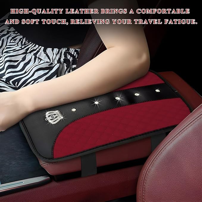 Bling Leather Car Center Console Cover, Anti-Slip Crown Armrest Seat Box Cushion Pad with Rhinestones, Waterproof Crystal Arm Rest Protector Interior Decor for Most Vehicles (Wine Red)